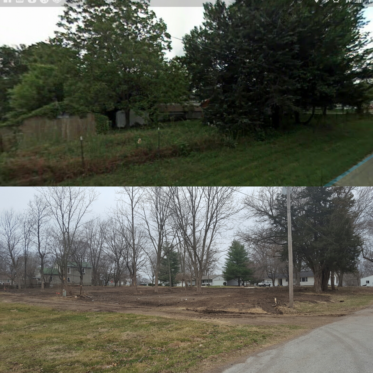 Before and after picture of whole lot where houses were.